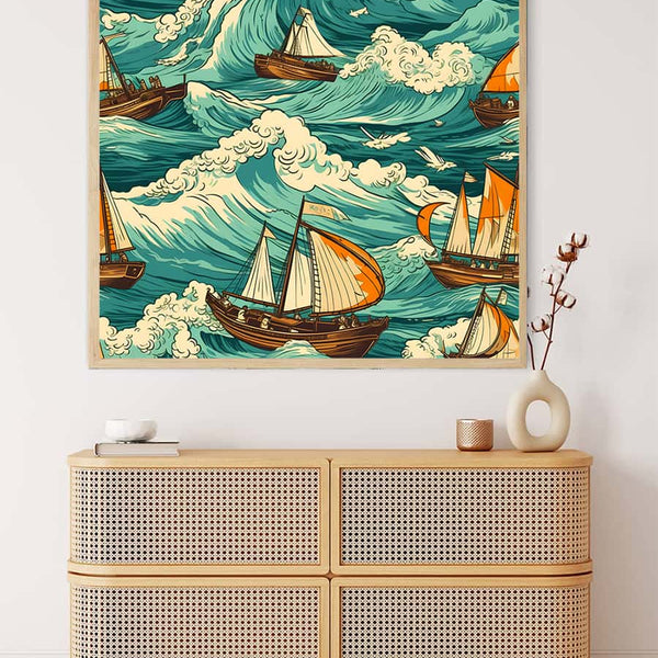 Diamond Painting of Ships at Sea displayed above a wooden dresser in a cozy home setting.