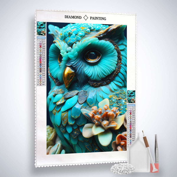Diamond Painting Kit featuring a colorful textured owl design with professional canvas, acrylic diamonds, tweezers, and application pen