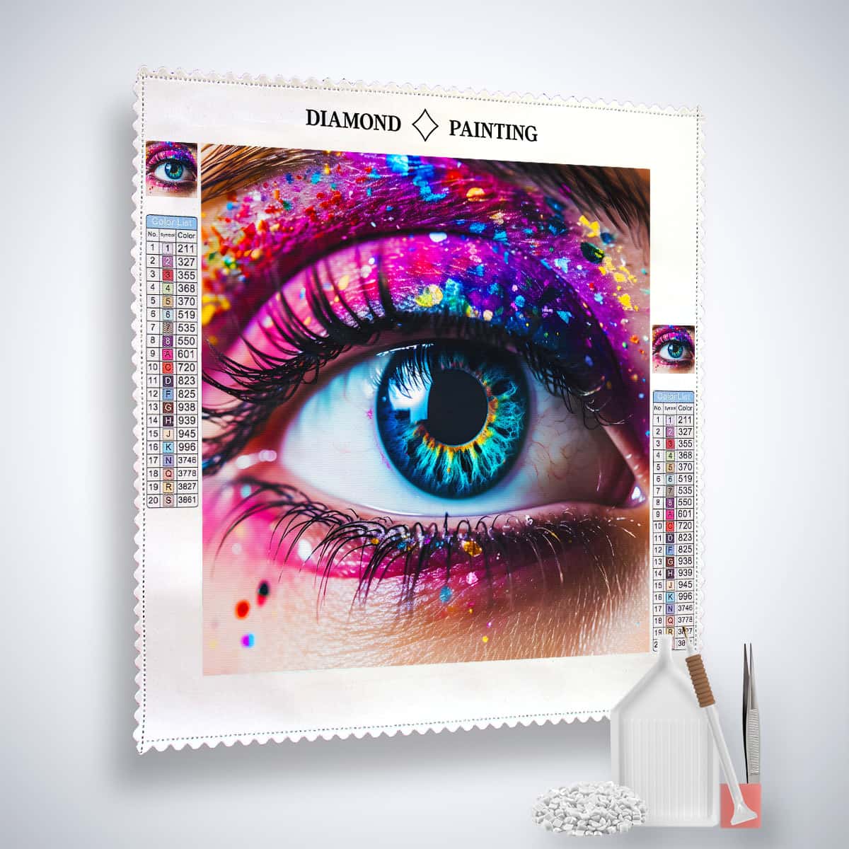Close-up of a colorful eye design on a Diamond Painting canvas with acrylic diamonds, application tools, and Paint by Numbers kit.