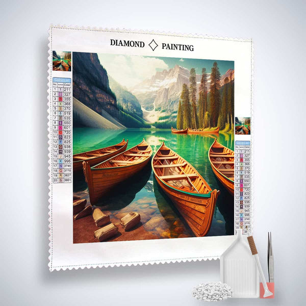 Diamond Painting Kit - Mountain Lake Boat Tour Design on Canvas with Paint by Numbers Instructions and Tools