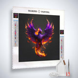 Diamond painting kit with purple phoenix design and tools, including acrylic diamonds, application pen, and fine artist's tweezers. Paint by Numbers