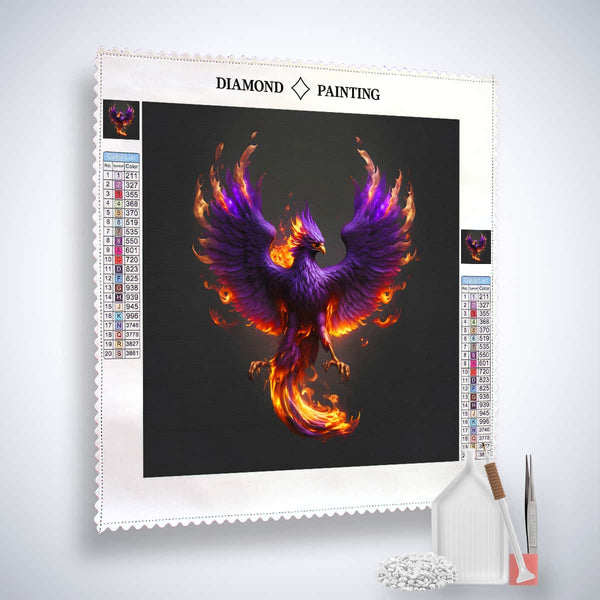 Diamond painting kit with purple phoenix design and tools, including acrylic diamonds, application pen, and fine artist's tweezers. Paint by Numbers
