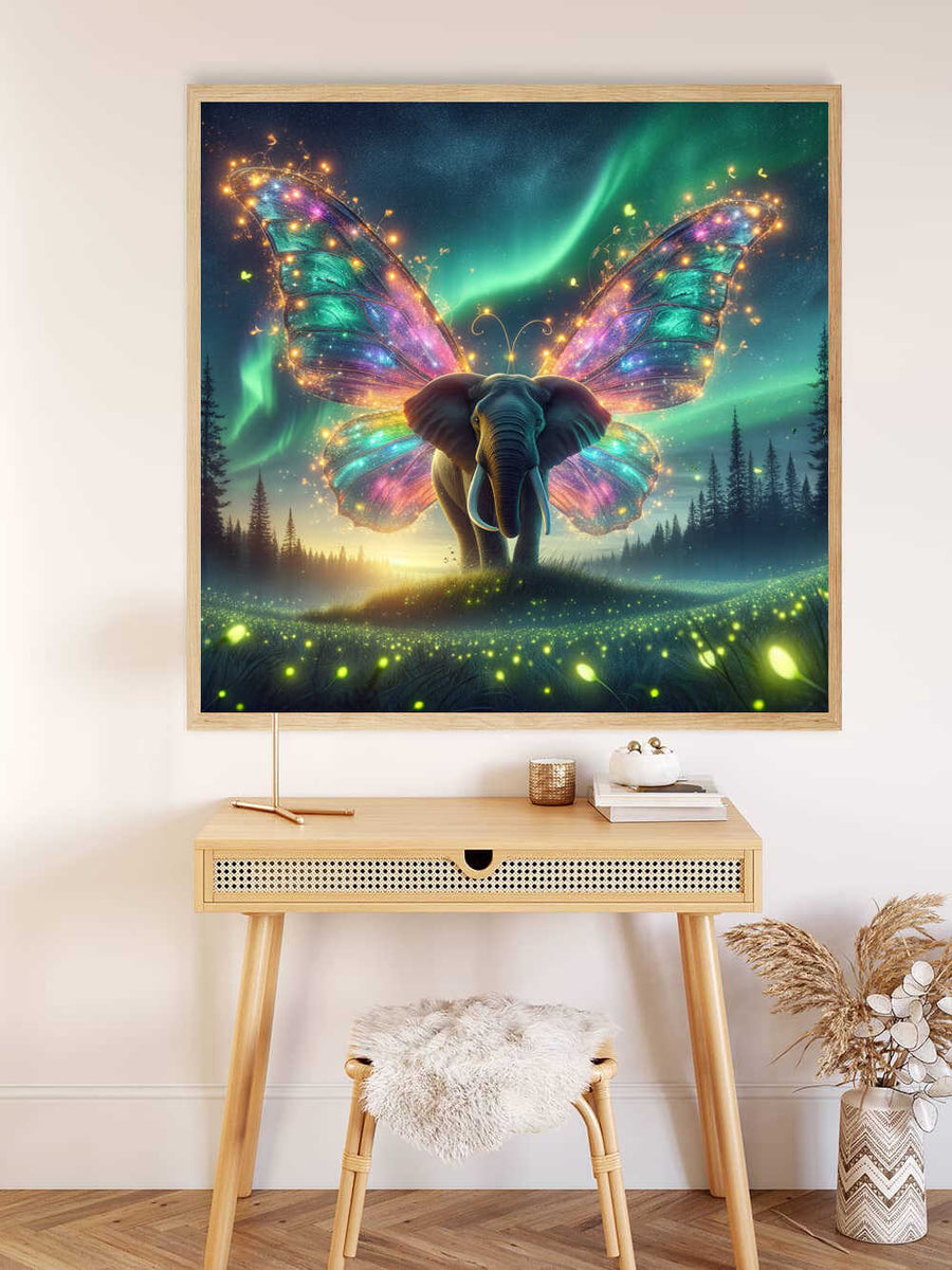 Paint by Numbers - Fairy dust and star travel art featuring an elephant with butterfly wings in a magical, green-lit forest.