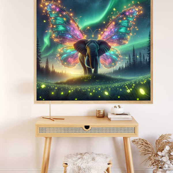 Paint by Numbers - Fairy dust and star travel art featuring an elephant with butterfly wings in a magical, green-lit forest.