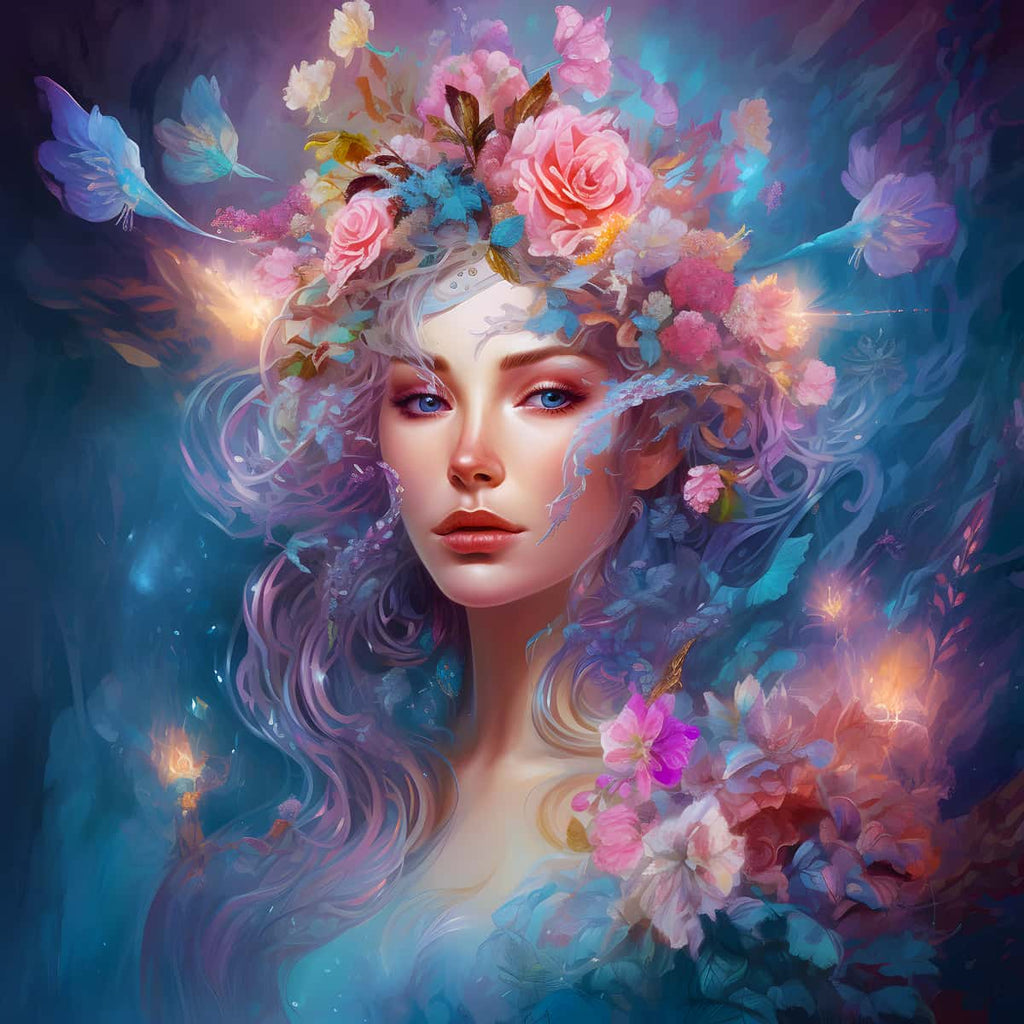 Diamond Painting - Woman with Flower Hair, Paint by Numbers Kit, Art that Sparkles, Professional Canvas, Enhanced Acrylic Diamonds, Artistic Design.