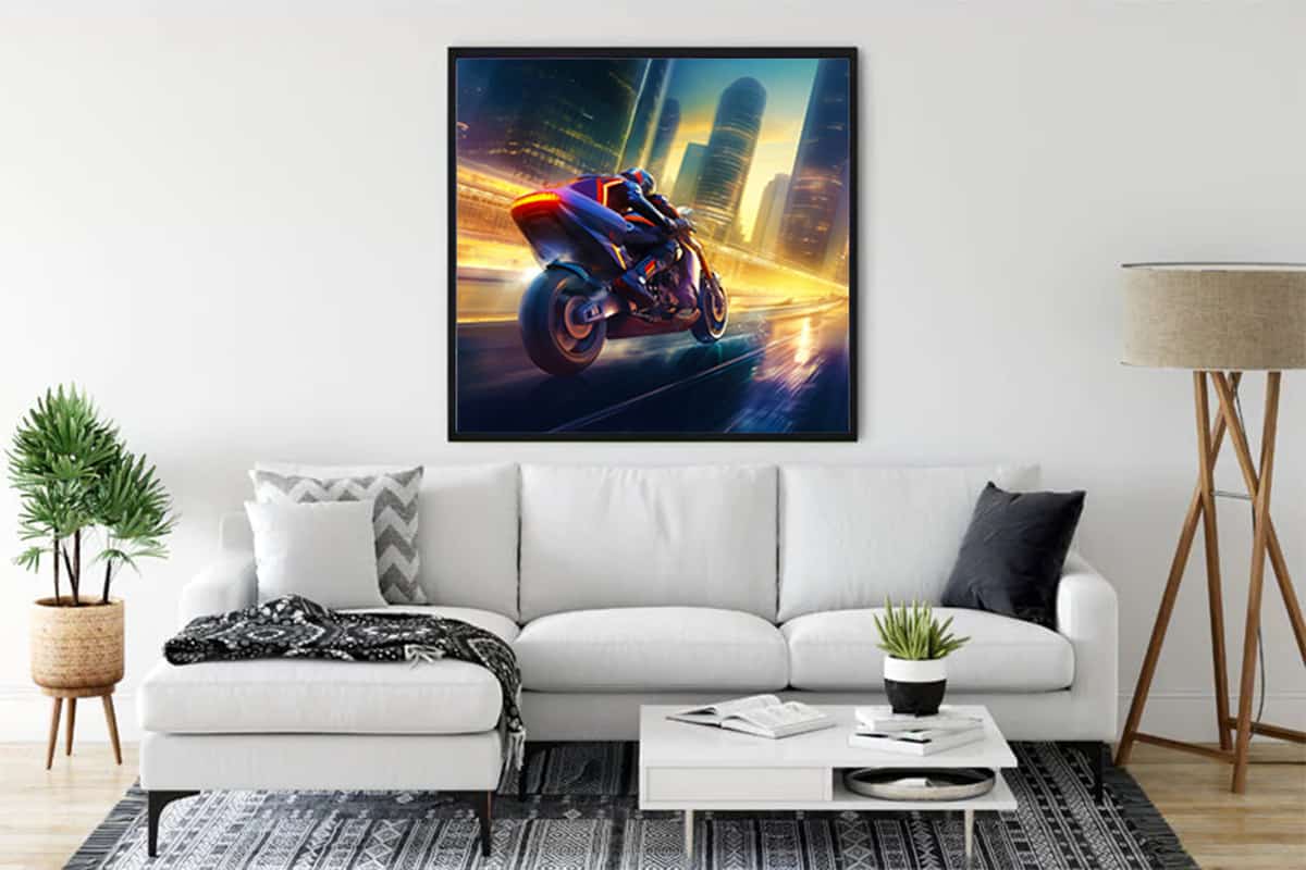 Diamond Painting - Urban Jungle Runabout hanging on a living room wall above a white couch and modern decor.
