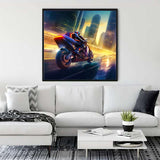 Diamond Painting - Urban Jungle Runabout hanging on a living room wall above a white couch and modern decor.