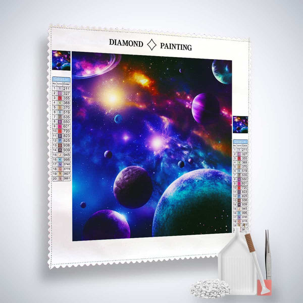 Diamond Painting Kit - Sky Magic with planets and stars, includes professional canvas, enhanced acrylic diamonds, and tools for paint by numbers.