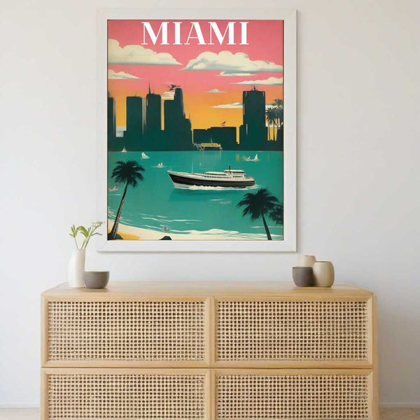 Paint by Numbers - Dream of Miami artwork featuring modernist high-rises, palm-fringed beach, and luxurious ship in aquamarine sea.