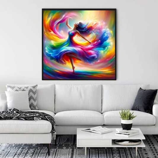 Paint by Numbers - Dance of Life artwork displayed above a modern white sofa, showcasing a vibrant, colorful dancing figure.