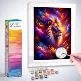 Paint by Numbers kit featuring a vibrant diamond painting of a majestic lion with colorful abstract background in rich purples and neons