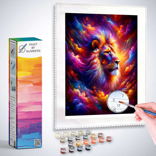 Paint by Numbers kit featuring a vibrant diamond painting of a majestic lion with colorful abstract background in rich purples and neons