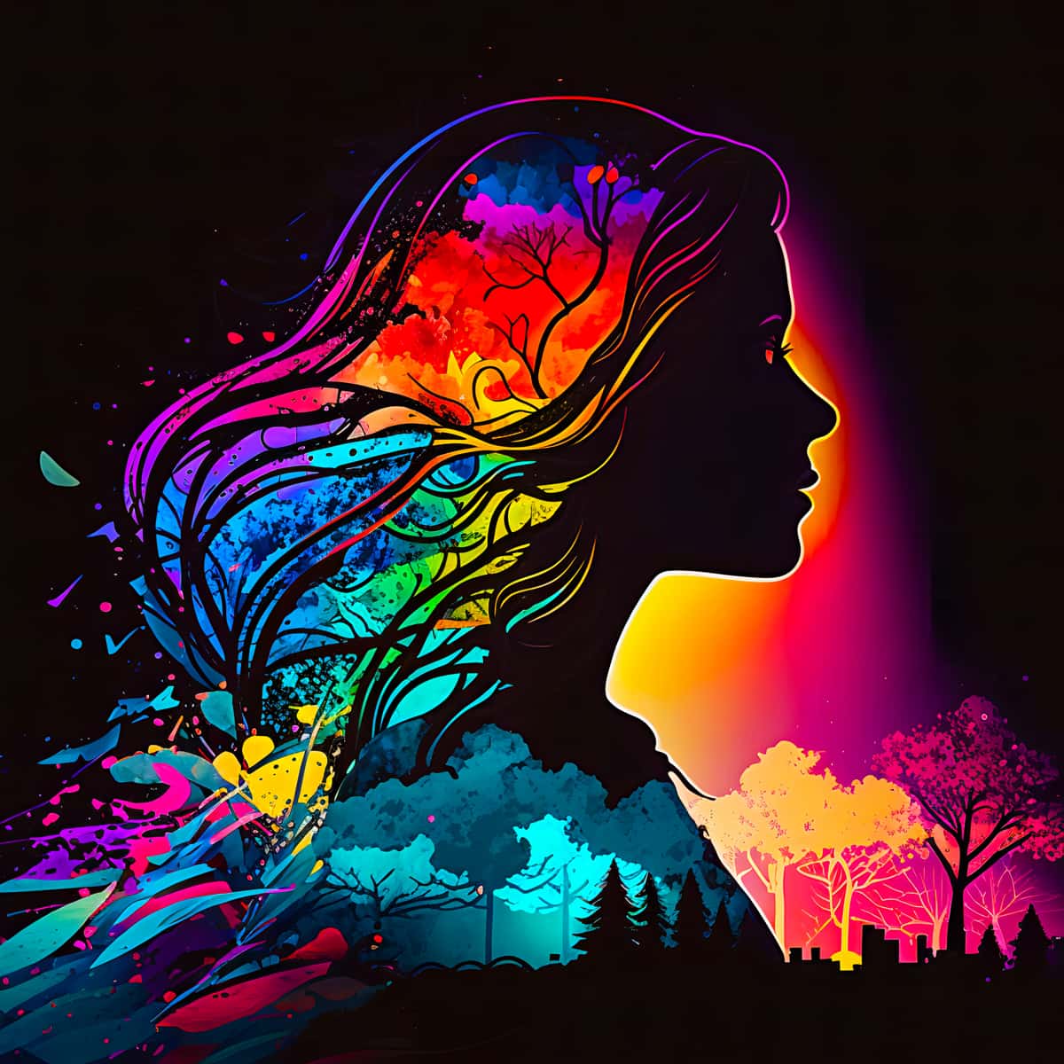Diamond Painting Kit - Magic lady in profile with colorful background, silhouette with trees and vibrant paint by numbers design