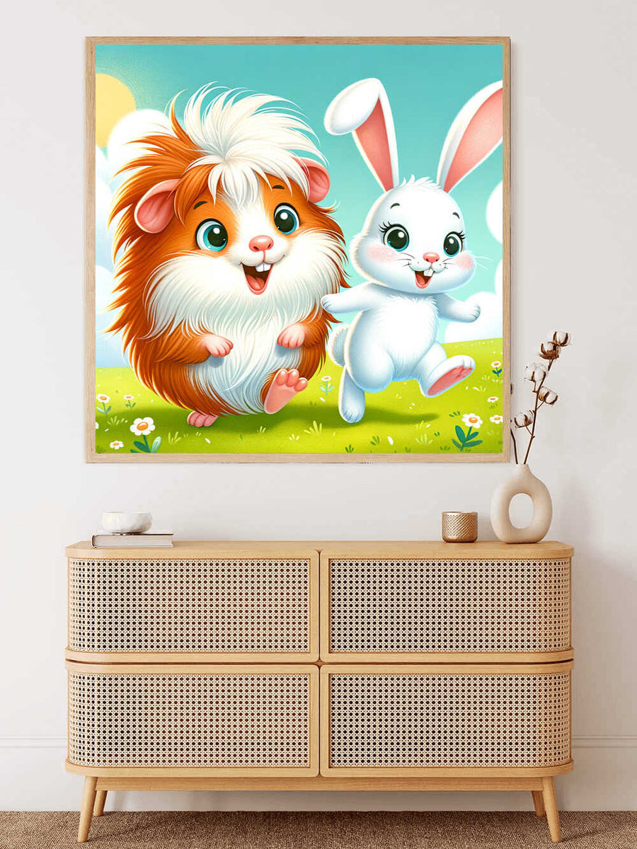 Paint by Numbers - Happy Companions: Guinea pig and bunny in a blooming meadow, cartoon style, vibrant colors, capturing playful friendship and joy.