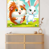 Paint by Numbers - Happy Companions: Guinea pig and bunny in a blooming meadow, cartoon style, vibrant colors, capturing playful friendship and joy.