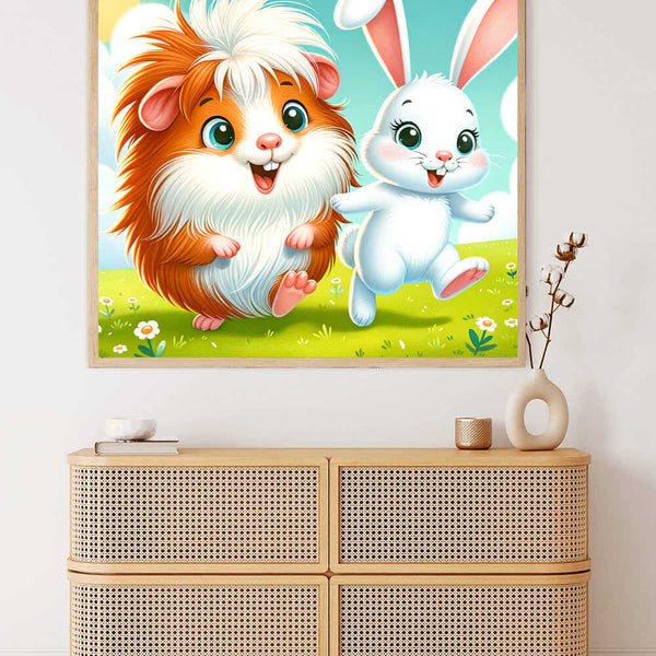 Paint by Numbers - Happy Companions: Guinea pig and bunny in a blooming meadow, cartoon style, vibrant colors, capturing playful friendship and joy.