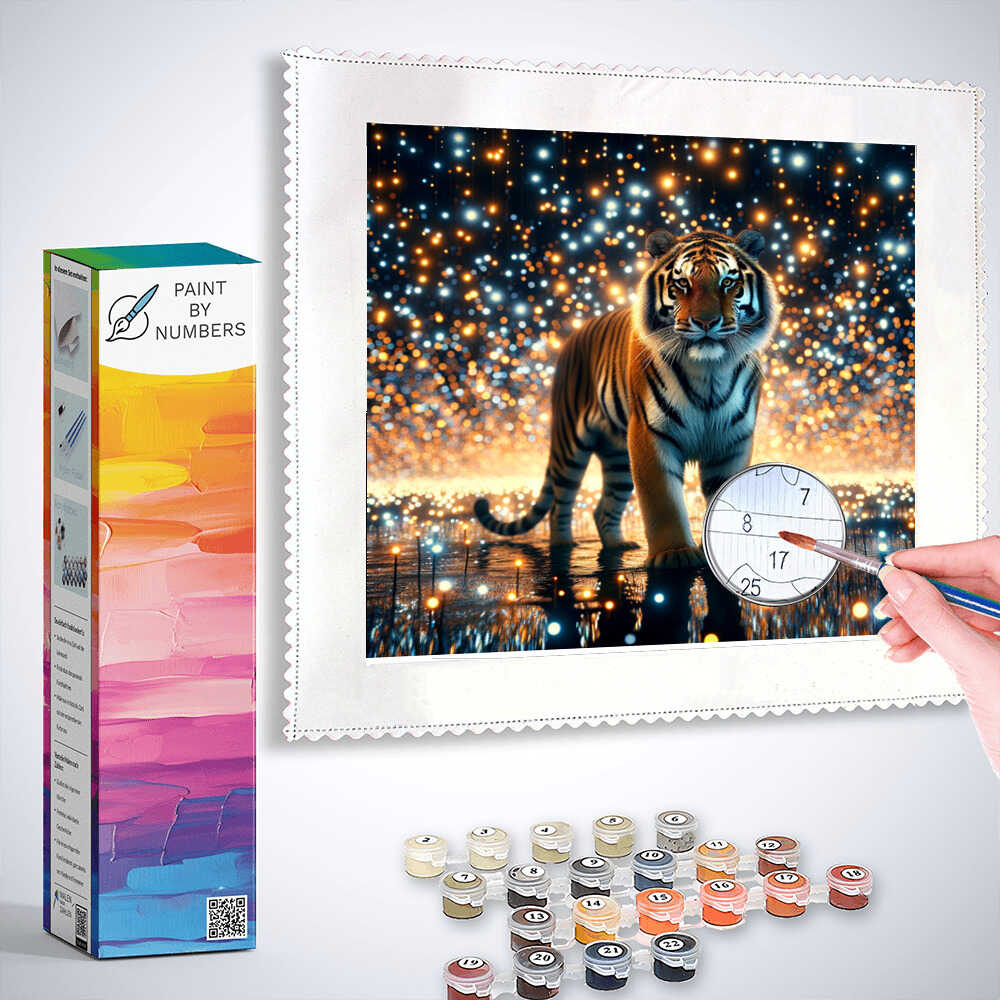 Paint by Numbers kit featuring a majestic tiger under a starry night sky, titled "Star Guardians: The Sparkle of the Cosmos"