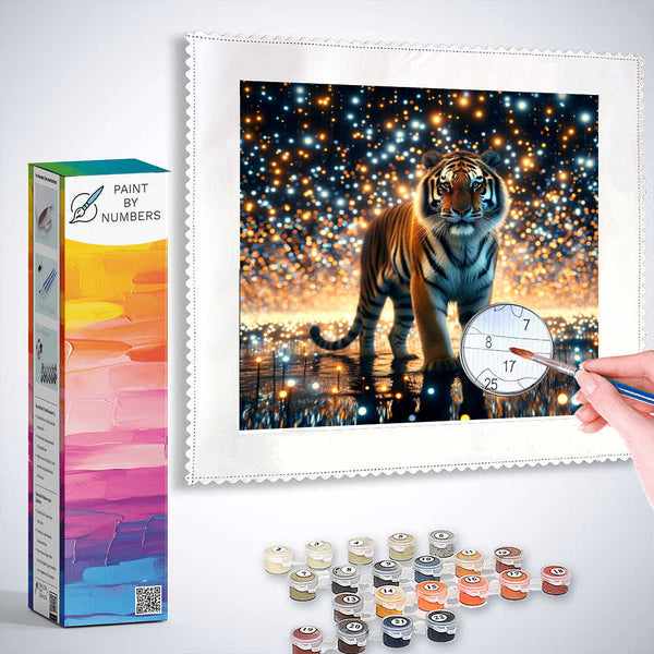 Paint by Numbers kit featuring a majestic tiger under a starry night sky, titled "Star Guardians: The Sparkle of the Cosmos"