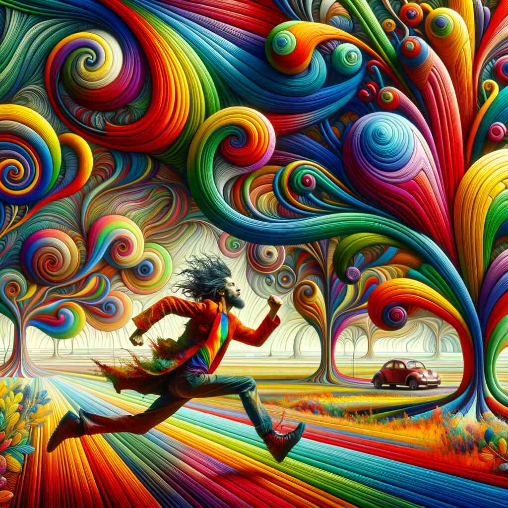 Person running through a vibrant, abstract landscape in Paint by Numbers art, surrounded by colorful spirals and swirls.