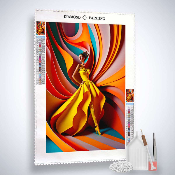 AB Diamond Painting Kit with vibrant colors, featuring a woman in a colorful flowing dress, includes tools for easy application. Paint by Numbers.