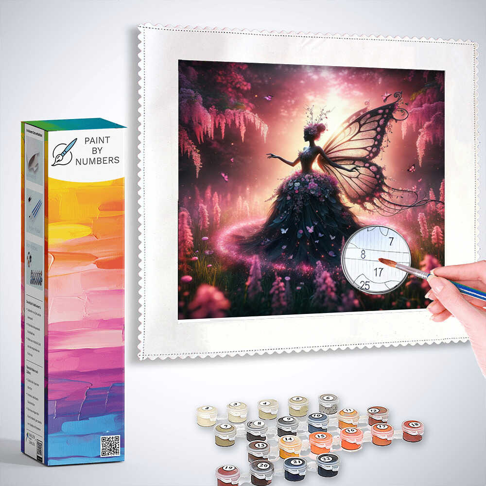 Paint by Numbers - Spell of Awakening featuring an elegantly dressed fairy with butterfly wings, enveloped in a magical pink and purple glow
