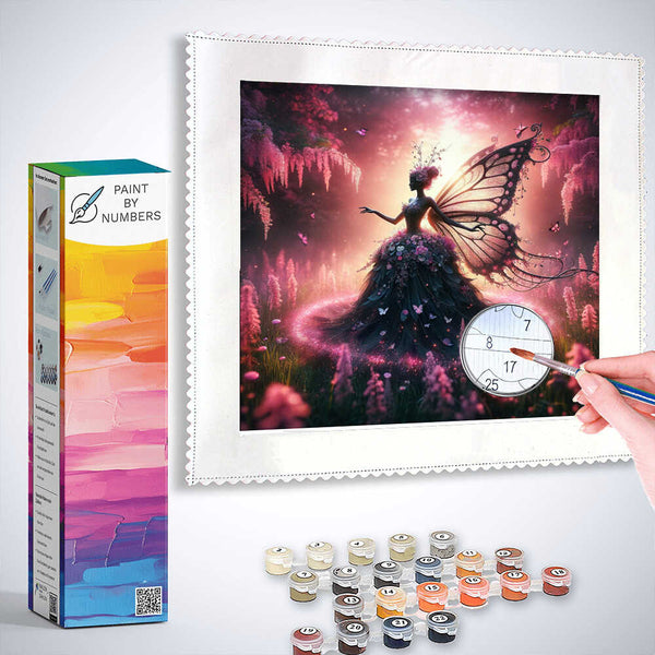 Paint by Numbers - Spell of Awakening featuring an elegantly dressed fairy with butterfly wings, enveloped in a magical pink and purple glow