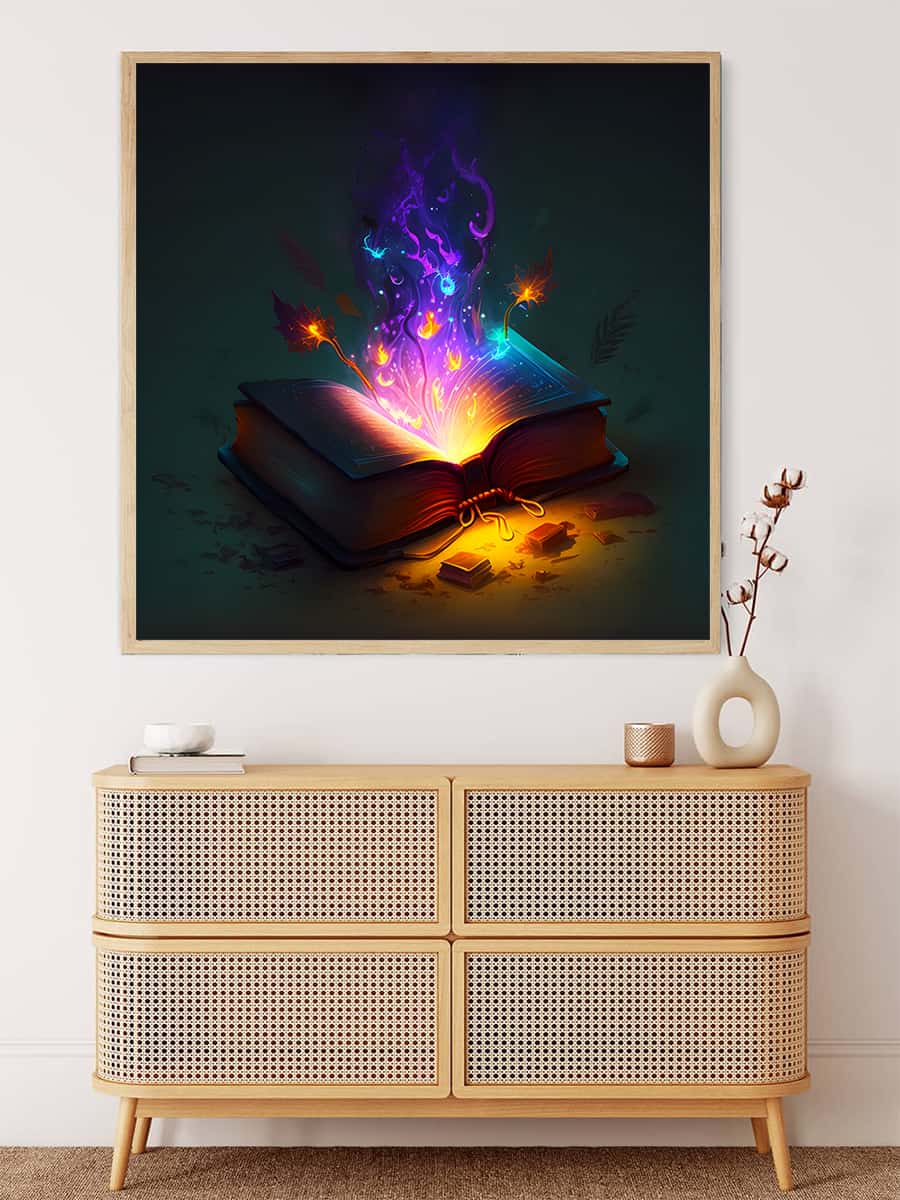 Brightly glowing book with a magical purple aura hanging above a modern rattan cabinet, showcasing a diamond painting design.