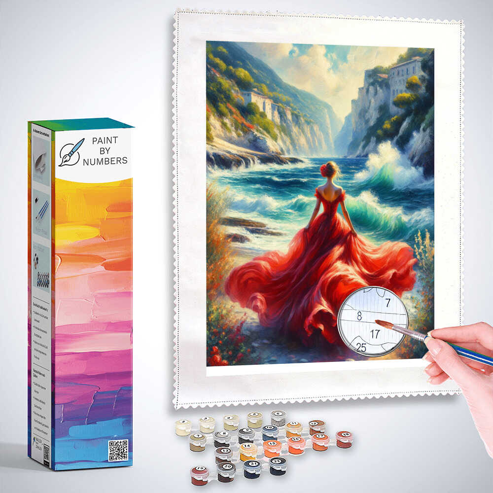Woman in red dress, sea - Paint by Numbers
