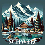 Paint by Numbers - Alpenträume depicting an alpine chalet, surrounded by snowy mountains and pine trees, reflecting on a serene lake.