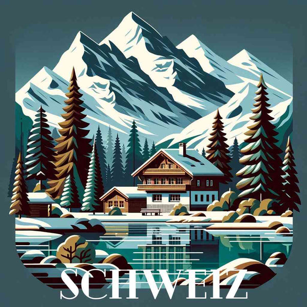 Paint by Numbers - Alpenträume depicting an alpine chalet, surrounded by snowy mountains and pine trees, reflecting on a serene lake.
