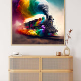 Colorful train diamond painting on canvas displayed above a modern chest, showcasing vibrant rainbow smoke and artistic detail. Paint by Numbers kit.