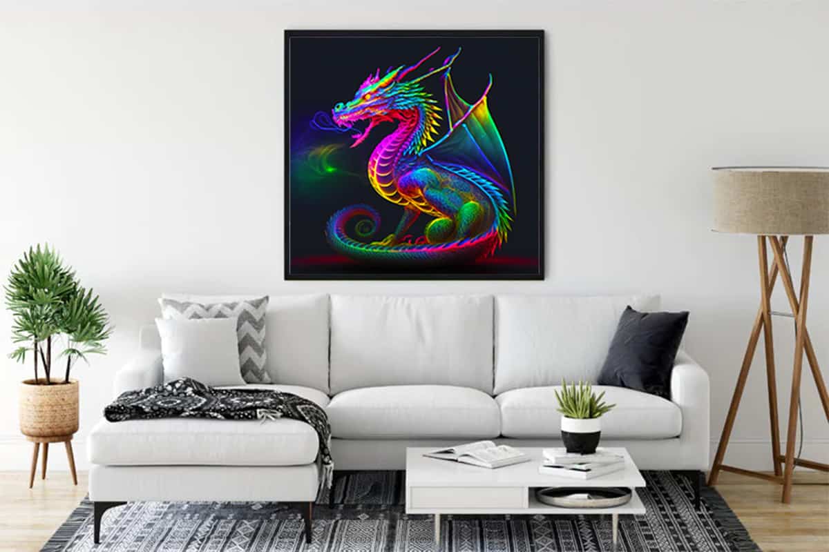 Diamond Painting Kit - Vibrant Dragon Artwork Framed in Modern Living Room with White Sofa and Plant Decor.