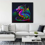 Diamond Painting Kit - Vibrant Dragon Artwork Framed in Modern Living Room with White Sofa and Plant Decor.