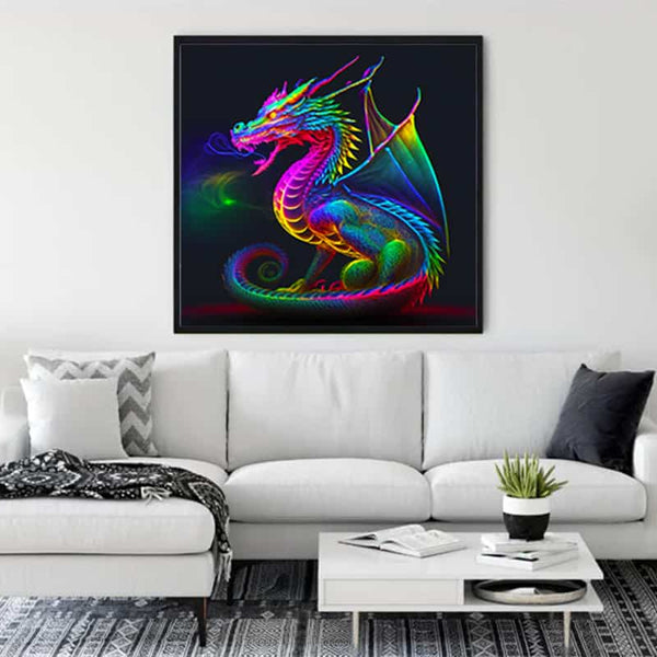 Diamond Painting Kit - Vibrant Dragon Artwork Framed in Modern Living Room with White Sofa and Plant Decor.