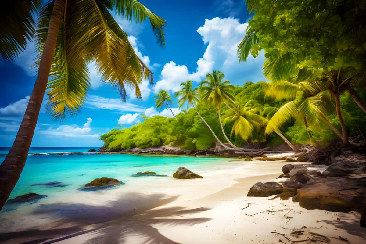 Tropical beach scene with palm trees and clear blue water from Diamond Painting - Beach kit. Perfect for paint by numbers enthusiasts.