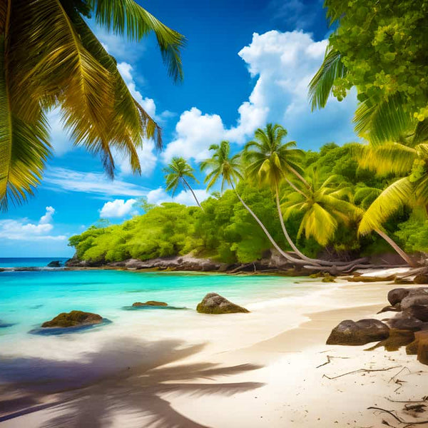 Tropical beach scene with palm trees and clear blue water from Diamond Painting - Beach kit. Perfect for paint by numbers enthusiasts.