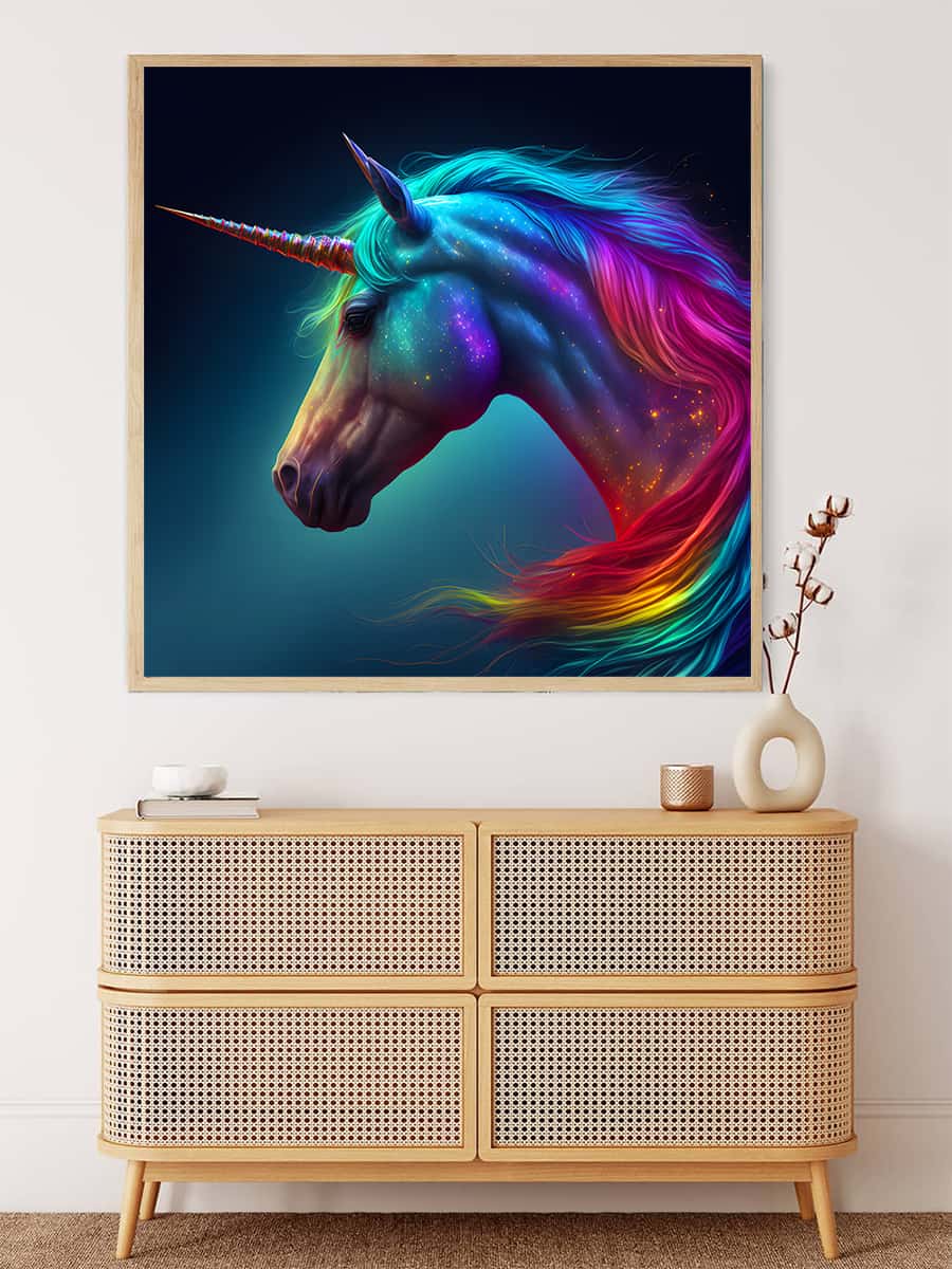 AB Diamond Painting - Magnificent Unicorn displayed above a wooden cabinet. Sparkling art kit for paint by numbers.