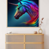 AB Diamond Painting - Magnificent Unicorn displayed above a wooden cabinet. Sparkling art kit for paint by numbers.