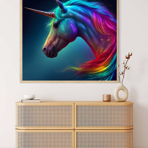 AB Diamond Painting - Magnificent Unicorn displayed above a wooden cabinet. Sparkling art kit for paint by numbers.