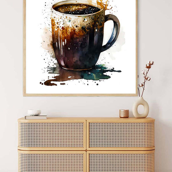 Diamond Painting of a coffee cup in front of a white background, displayed above a wooden dresser. Paint by Numbers kit included.