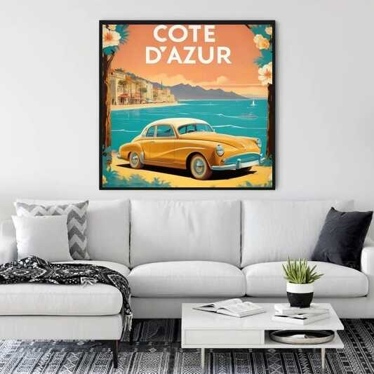 Paint by Numbers - Summer days on the Côte d'Azur artwork in a modern living room with a vintage car against Mediterranean landscape