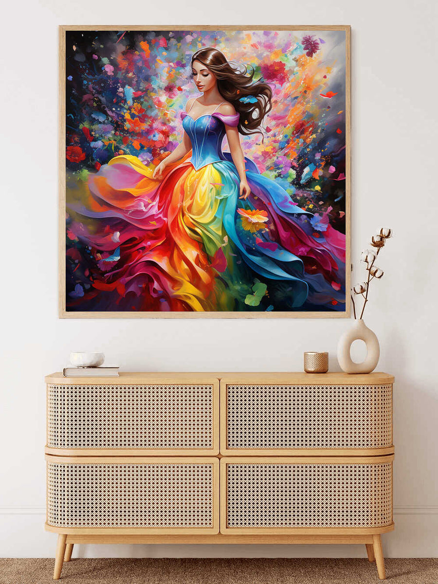 Paint by Numbers - Color Rush of Feelings, vibrant woman in kaleidoscopic dress, bright and flowing colors, displayed above modern cabinet