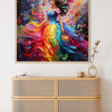 Paint by Numbers - Color Rush of Feelings, vibrant woman in kaleidoscopic dress, bright and flowing colors, displayed above modern cabinet