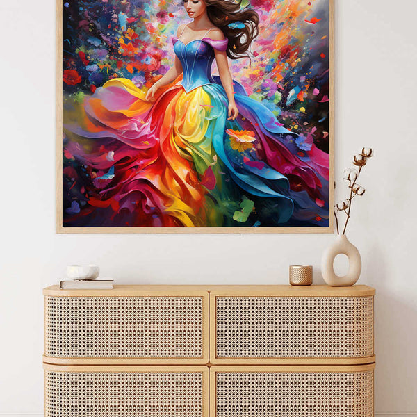 Paint by Numbers - Color Rush of Feelings, vibrant woman in kaleidoscopic dress, bright and flowing colors, displayed above modern cabinet