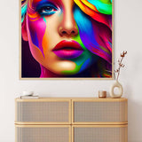 AB Diamond Painting Gradient Woman - Paint by Numbers kit, vibrant multicolored woman portrait framed above a modern sideboard