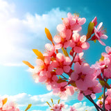 Cherry blossom tree with pink flowers under a bright blue sky, representing 
