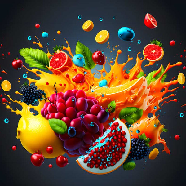 Bright and colorful fruit explosion artwork for diamond painting, featuring paint by numbers and sparkling acrylic diamonds.