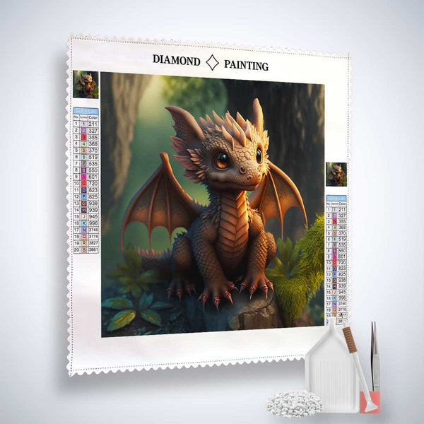Diamond Painting - Elementarwächter kit featuring a cute dragon design with included tools for paint by numbers.