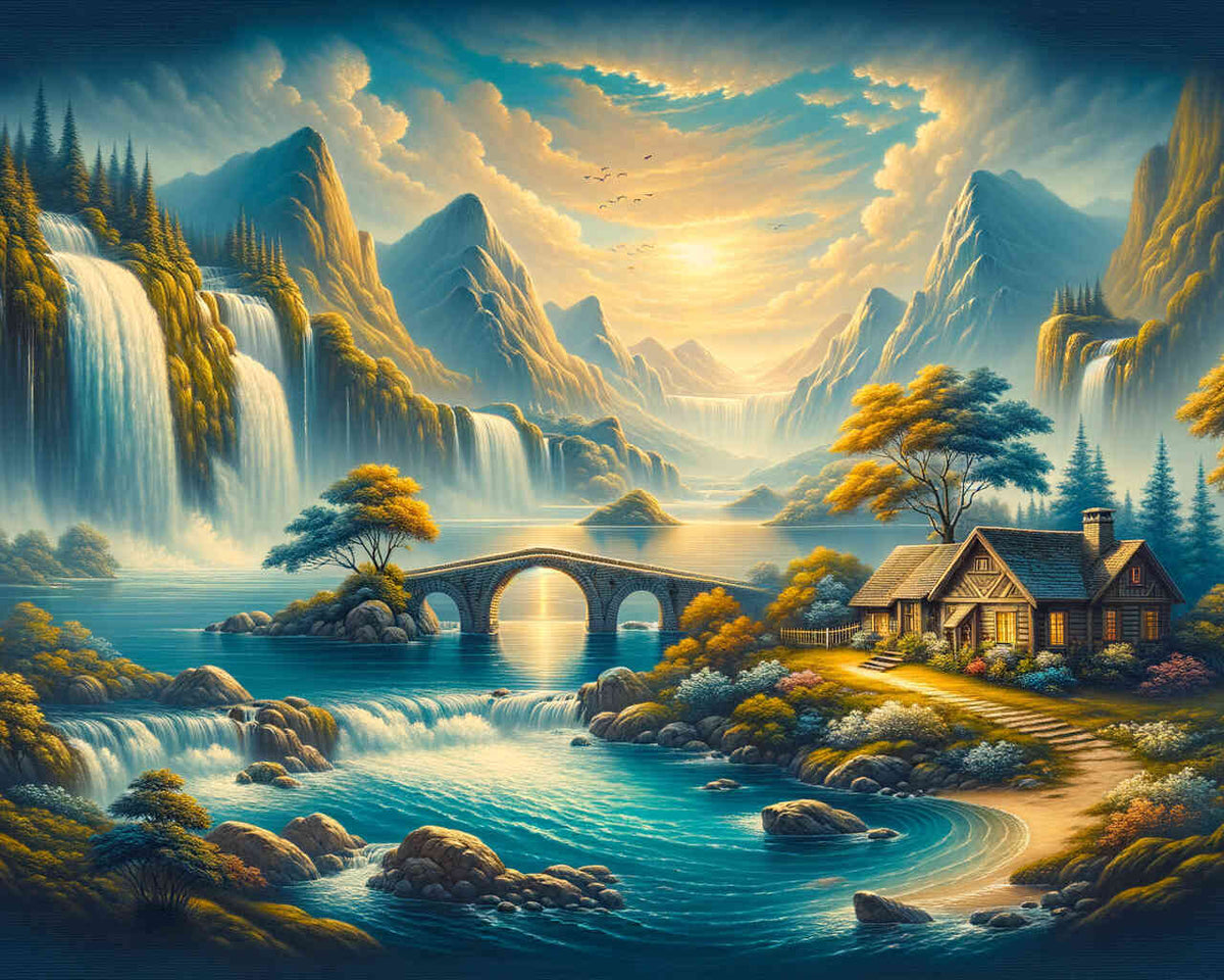 Paint by Numbers - Waterfall, bridge to cottage