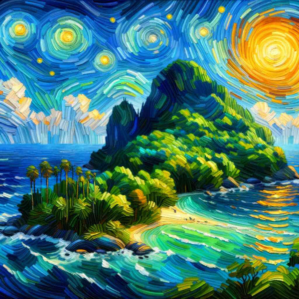 Paint by Numbers kit featuring a vivid depiction of Starry Night over Paradise with palm trees, swirling skies, and a glittering sea.